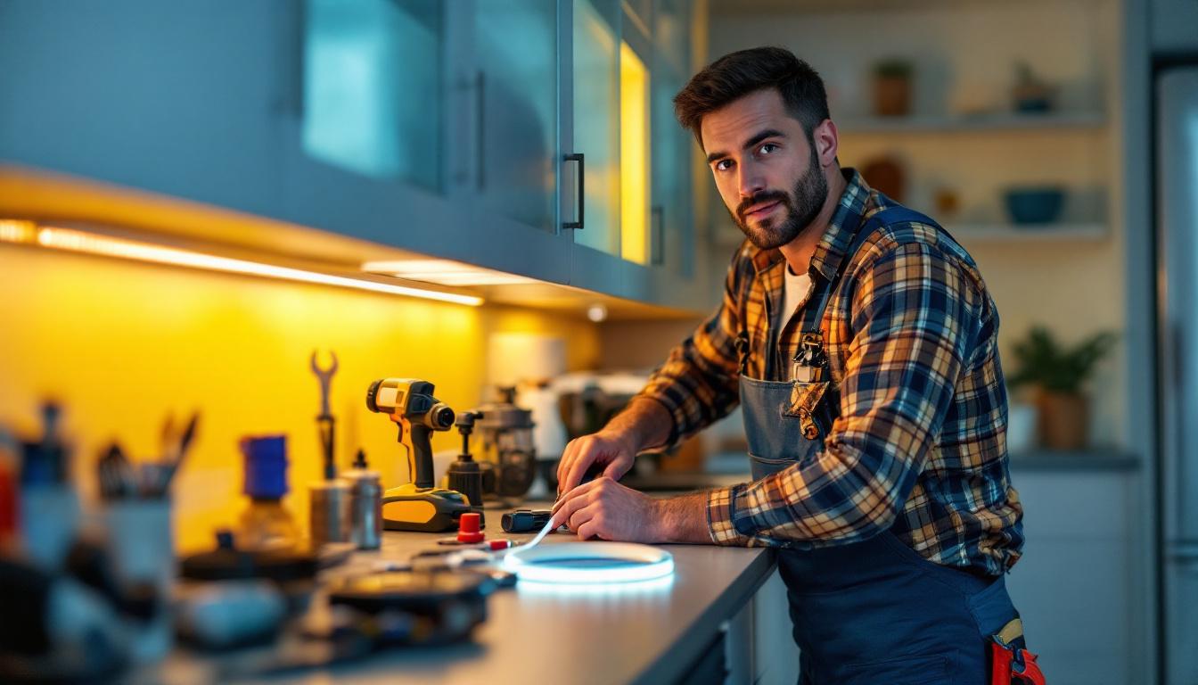 A photograph of a skilled lighting contractor installing under cabinet led strip lighting in a modern kitchen