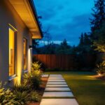 A photograph of a well-lit outdoor yard scene at dusk