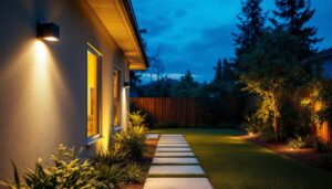 A photograph of a well-lit outdoor yard scene at dusk