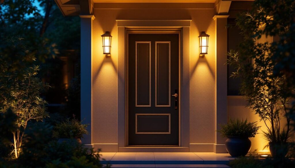 A photograph of a beautifully lit exterior entrance featuring stylish sconce lights on either side of the door