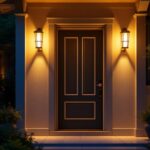 A photograph of a beautifully lit exterior entrance featuring stylish sconce lights on either side of the door