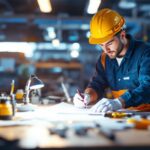 A photograph of a lighting professional inspecting a ballast cover in a well-lit workspace