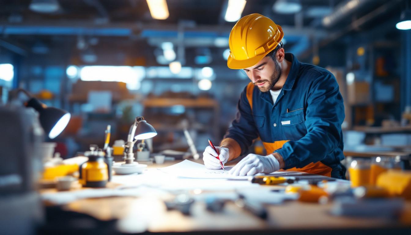A photograph of a lighting professional inspecting a ballast cover in a well-lit workspace