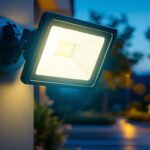 A photograph of a knuckle mount flood light installed in an outdoor setting