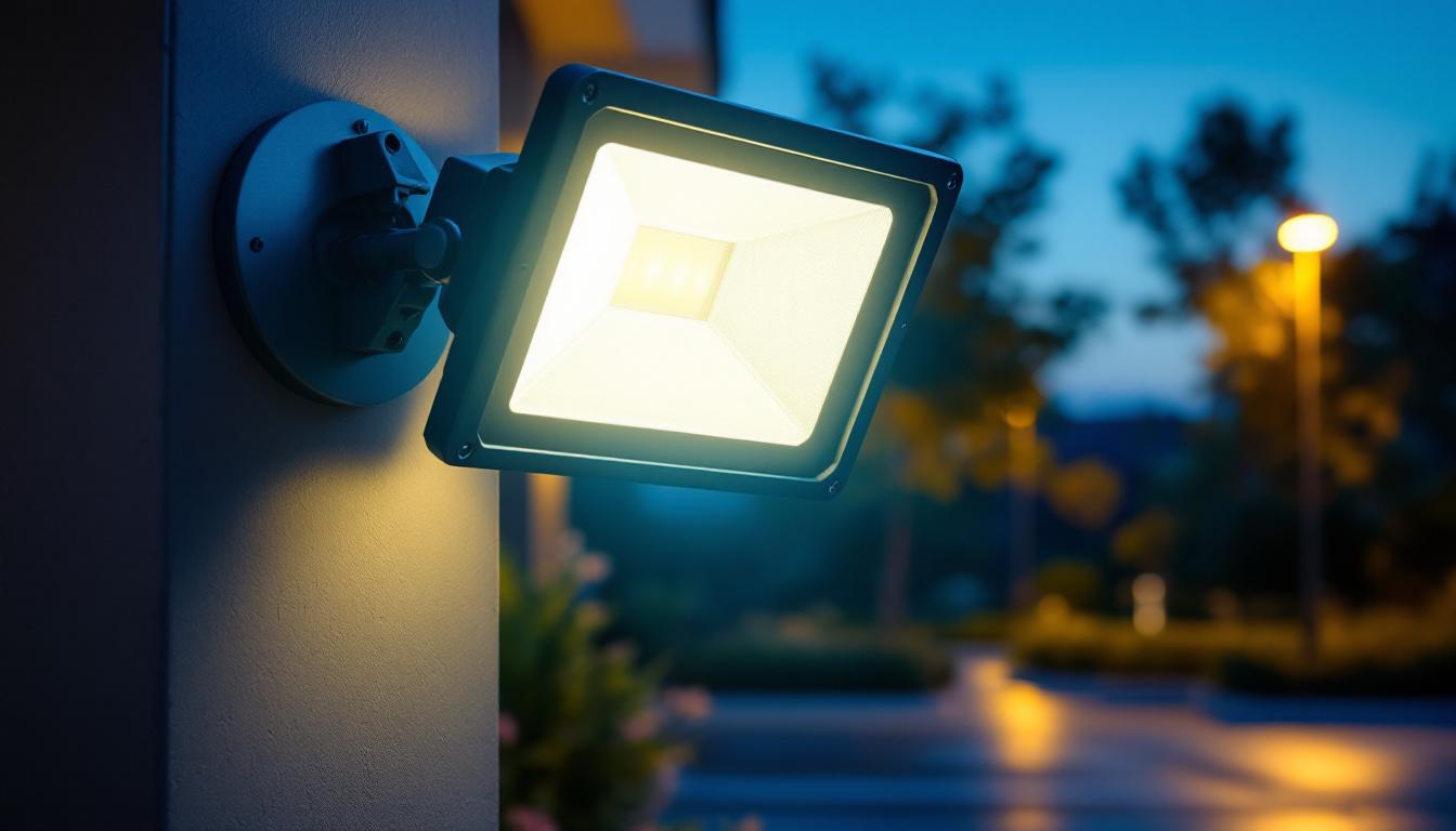 A photograph of a knuckle mount flood light installed in an outdoor setting