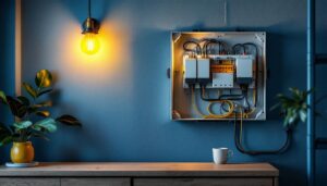 A photograph of a well-organized electrical box installed in a stylish setting