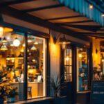 A photograph of a well-lit shop exterior showcasing various styles of outdoor lighting fixtures