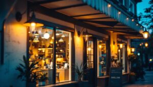 A photograph of a well-lit shop exterior showcasing various styles of outdoor lighting fixtures
