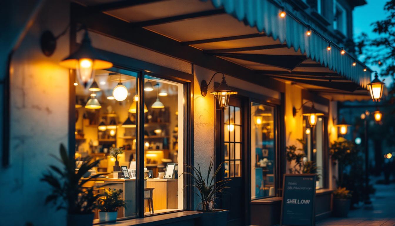 A photograph of a well-lit shop exterior showcasing various styles of outdoor lighting fixtures