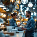 A photograph of a well-organized lighting fixture store showcasing a variety of stylish and functional lighting options