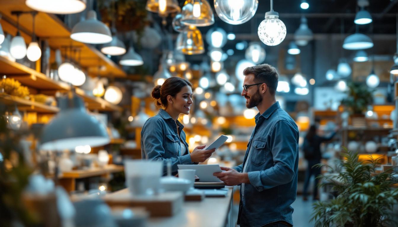 A photograph of a well-organized lighting fixture store showcasing a variety of stylish and functional lighting options