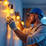 A photograph of a lighting contractor installing led up lights in a modern interior space