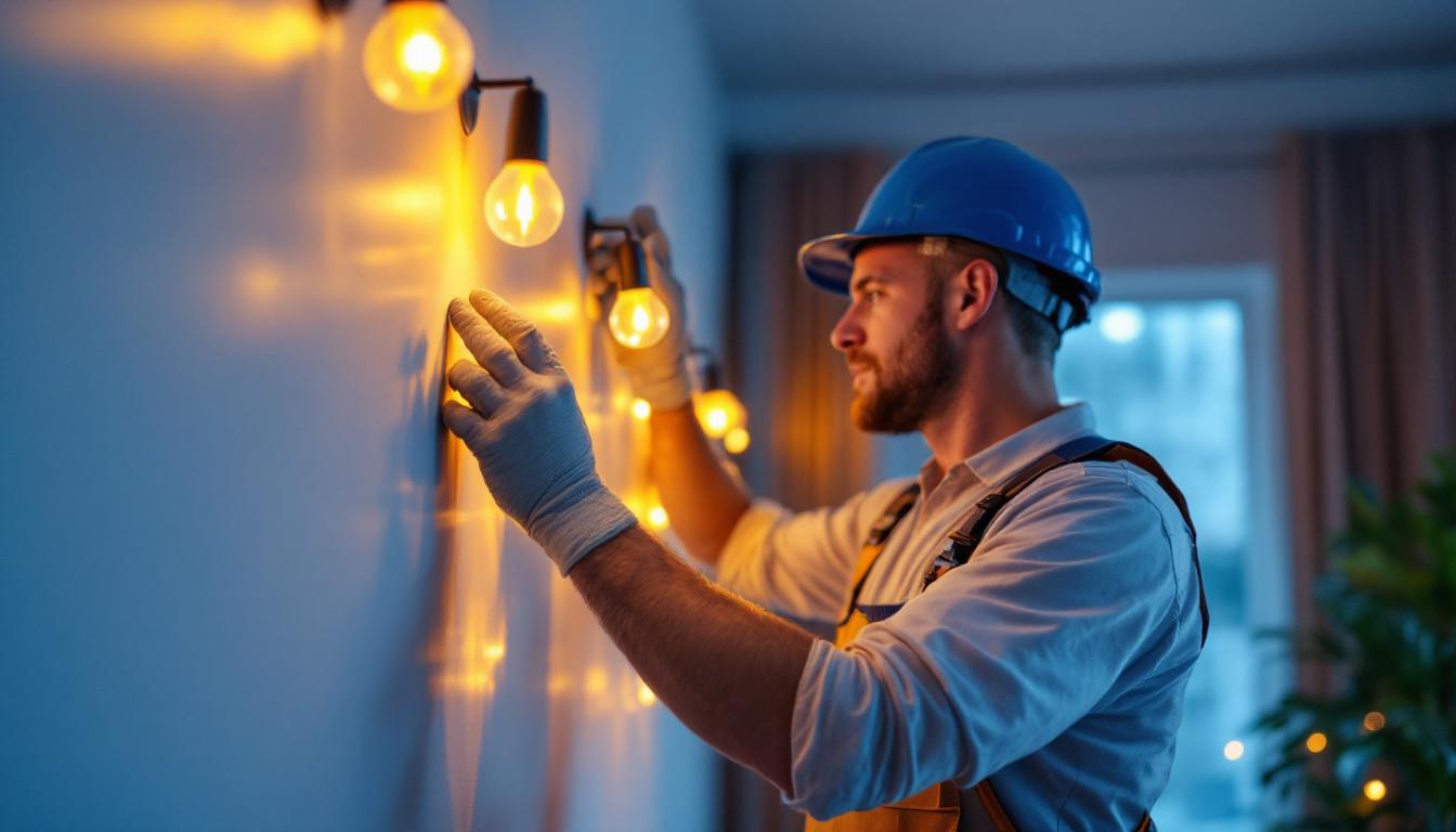A photograph of a lighting contractor installing led up lights in a modern interior space