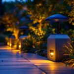 A photograph of a modern outdoor setting featuring solar-powered downlights illuminating a beautifully landscaped area