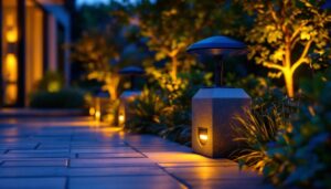 A photograph of a modern outdoor setting featuring solar-powered downlights illuminating a beautifully landscaped area