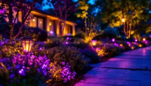 A photograph of capture a photograph of a beautifully illuminated outdoor space at dusk