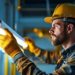 A photograph of a lighting contractor expertly measuring and installing t8 fluorescent tubes in a commercial space