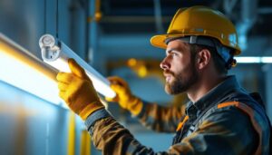 A photograph of a lighting contractor expertly measuring and installing t8 fluorescent tubes in a commercial space
