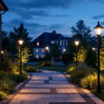 A photograph of a beautifully illuminated outdoor space featuring stylish post lights