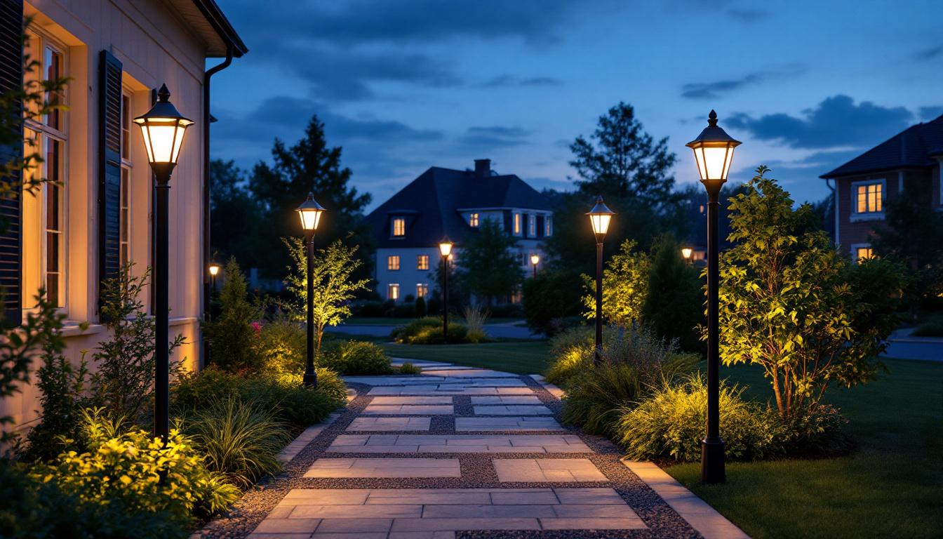 A photograph of a beautifully illuminated outdoor space featuring stylish post lights