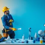 A photograph of a lighting contractor in action