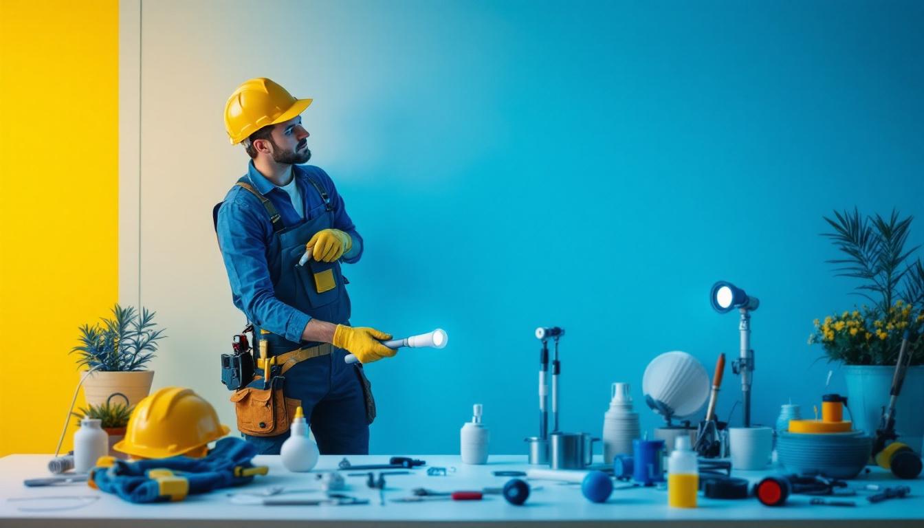 A photograph of a lighting contractor in action