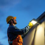 A photograph of a lighting contractor in action