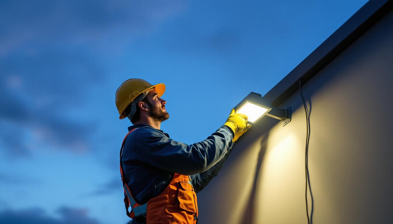A photograph of a lighting contractor in action