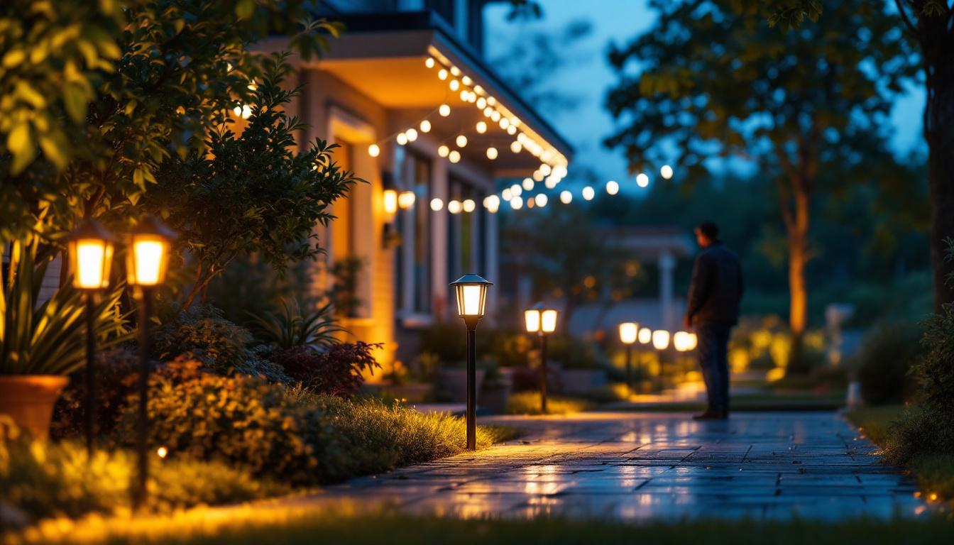 A photograph of a beautifully illuminated outdoor space featuring an array of stylish solar lights