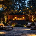 A photograph of a beautifully illuminated outdoor space showcasing various lighting fixtures