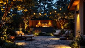 A photograph of a beautifully illuminated outdoor space showcasing various lighting fixtures