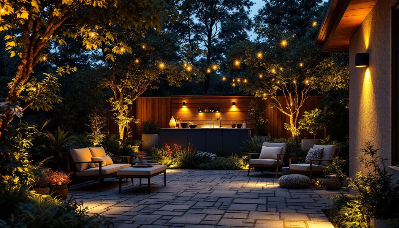 A photograph of a beautifully illuminated outdoor space showcasing various lighting fixtures
