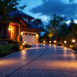 A photograph of a beautifully illuminated driveway at dusk