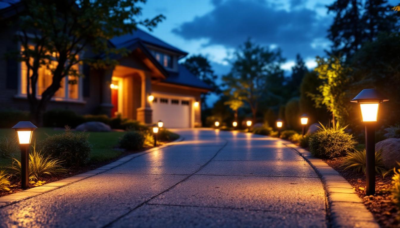 A photograph of a beautifully illuminated driveway at dusk