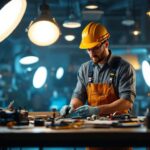 A photograph of a skilled lighting contractor at work