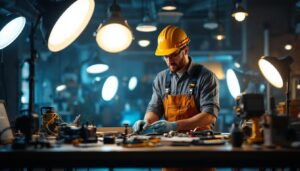 A photograph of a skilled lighting contractor at work