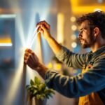 A photograph of a skilled lighting contractor installing flexible strip lights in a modern interior setting