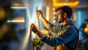 A photograph of a skilled lighting contractor installing flexible strip lights in a modern interior setting