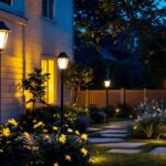 A photograph of a beautifully illuminated outdoor space featuring various styles of solar lights in use