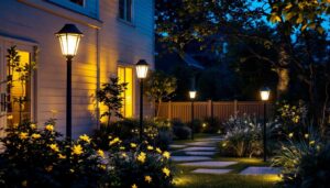A photograph of a beautifully illuminated outdoor space featuring various styles of solar lights in use