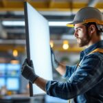 A photograph of capture a photograph of a lighting contractor installing or adjusting a sleek led panel light in a modern workspace