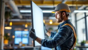 A photograph of capture a photograph of a lighting contractor installing or adjusting a sleek led panel light in a modern workspace