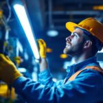 A photograph of a lighting contractor installing a modern led fluorescent tube lamp in a commercial setting