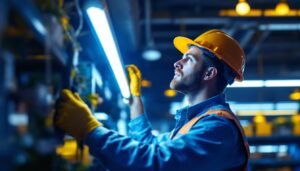A photograph of a lighting contractor installing a modern led fluorescent tube lamp in a commercial setting