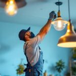 A photograph of a skilled lighting contractor at work