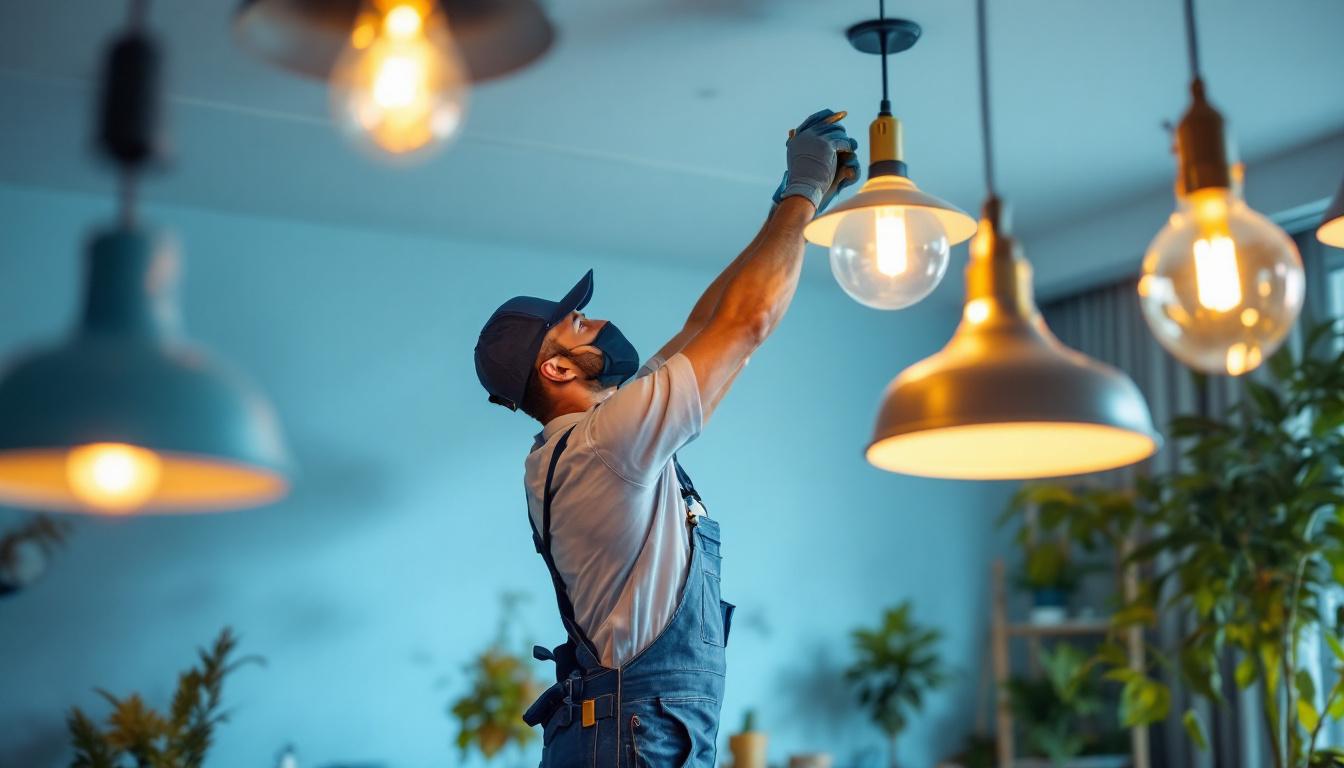 A photograph of a skilled lighting contractor at work