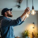 A photograph of a skilled lighting contractor expertly installing a hanging light chain kit in a modern interior space