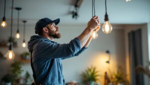 A photograph of a skilled lighting contractor expertly installing a hanging light chain kit in a modern interior space
