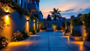 A photograph of capture a photograph of an aesthetically pleasing outdoor space illuminated by strategically placed wall spotlights