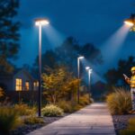 A photograph of a well-lit outdoor space featuring solar pole lights in action